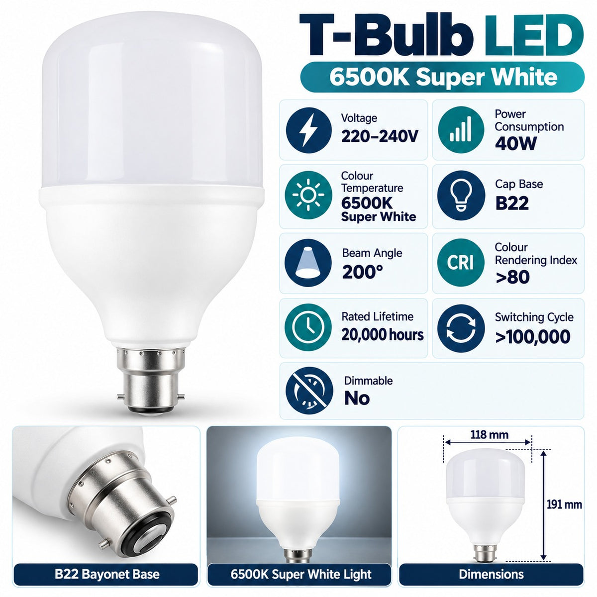 T-Bulb LED 6500K Super White infographic – 40W, B22, 200 degree beam, CRI over 80, 20000 hours, non-dimmable, 118 x 191mm