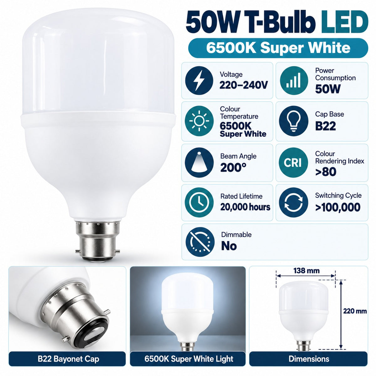 50W T-Bulb LED 6500K Super White infographic – 50W, B22, 200 degree beam, CRI over 80, 20000 hours, non-dimmable, 138 x 220mm
