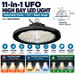 11-in-1 UFO High Bay LED Light infographic – SKU HB12004094, selectable power 120W 160W 200W, selectable CCT 2700K 4000K 6500K, adjustable beam 60 90 120 degrees, 32000 lumens, 160 lm per W, IP65, 5 year warranty, 319 x 118mm