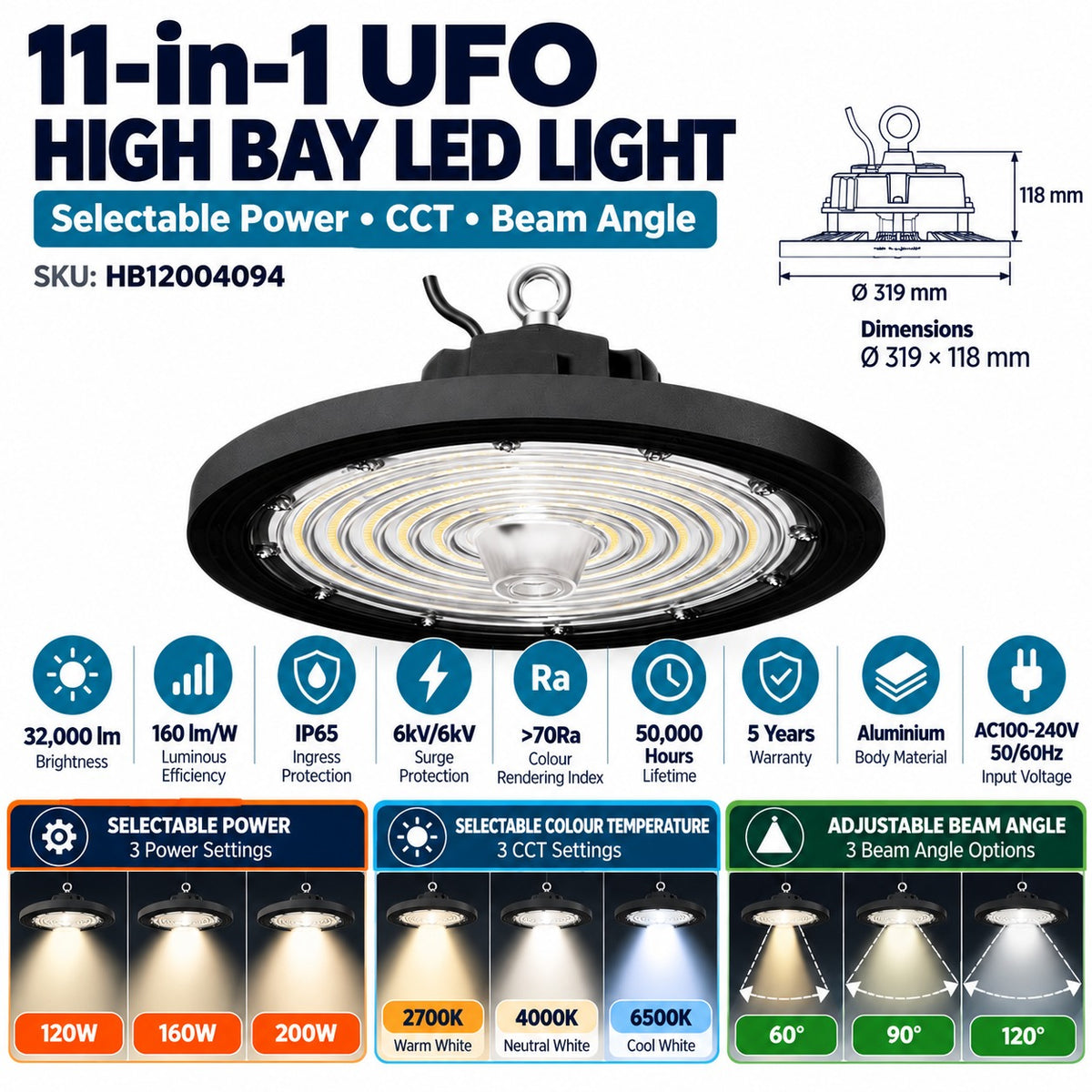 11-in-1 UFO High Bay LED Light infographic – SKU HB12004094, selectable power 120W 160W 200W, selectable CCT 2700K 4000K 6500K, adjustable beam 60 90 120 degrees, 32000 lumens, 160 lm per W, IP65, 5 year warranty, 319 x 118mm