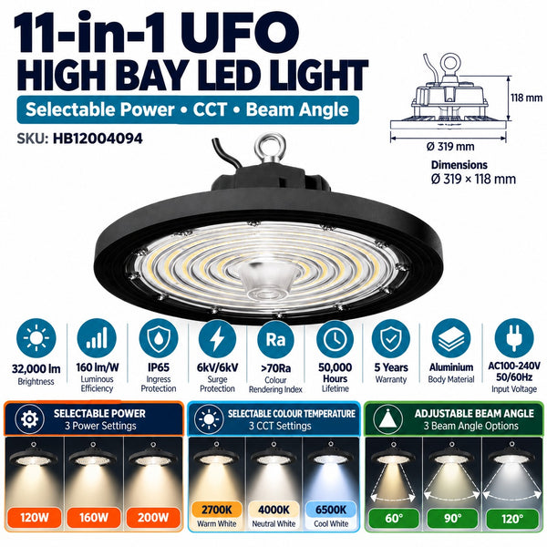 11-in-1 UFO LED High Bay Light – 200W Max, Selectable Wattage/CCT/Beam secondary image