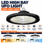 LED High Bay UFO Light infographic – 100W 150W 200W, 3CCT 3000K 4000K 6500K, 130 lm per W, IP65, PF over 0.98, 120 degree beam, CRI over 80, 5 year guarantee, die-cast aluminium