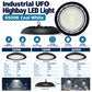 Industrial UFO Highbay LED Light 6500K Cool White infographic – 100W 150W 200W, IP65, 90 degree beam, 50000 hours, 5 year warranty