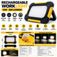 10W Mini Rechargeable LED Worklight infographic – 800 lumens, 4000K, 80 lm per W, 120 degree beam, CRI over 80, IP54, USB Type-C, 3.7V 4000mAh Li-ion battery, 3-5 hours operating, adjustable brightness, 173 x 125 x 40mm