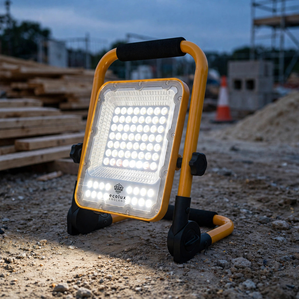 30W work light at construction site at dusk